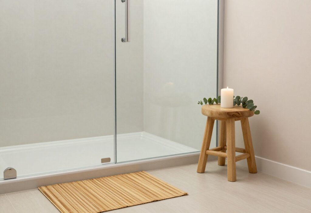 Aesthetic shower setup with candle, eucalyptus, and bamboo mat in a calm bathroom