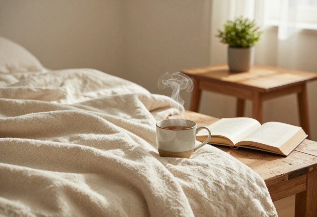 Cozy self-care setup with tea, book, and plant in a sunlit room