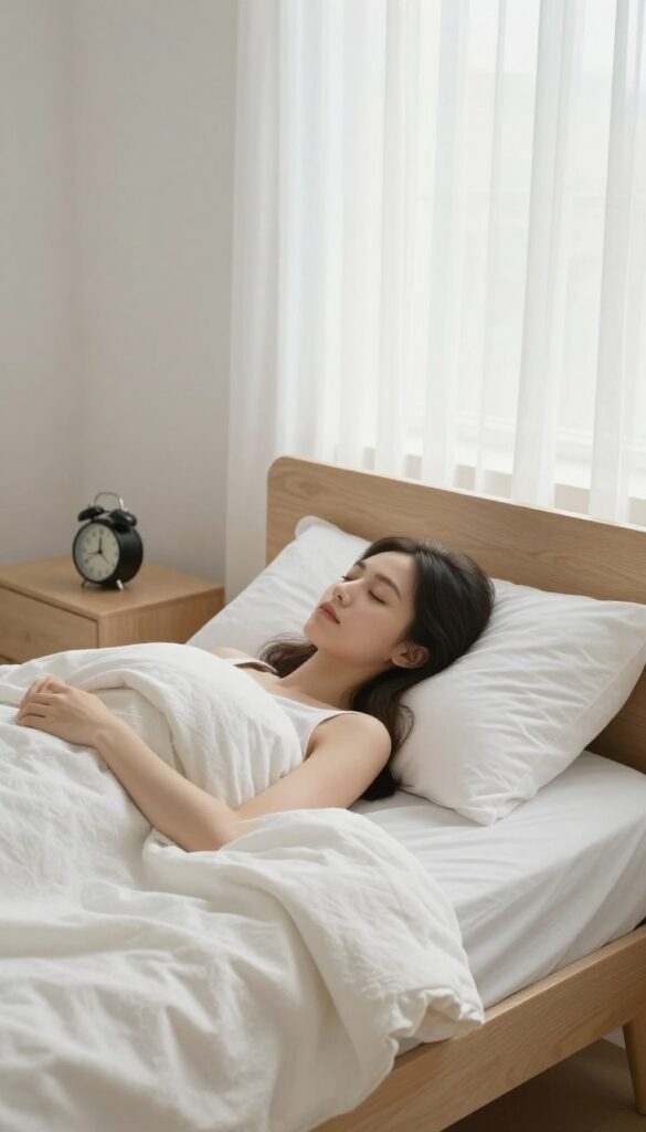 Woman taking a peaceful nap in a bright, cozy bedroom