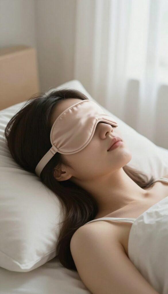Woman wearing a silk sleep mask in bed for deep relaxation