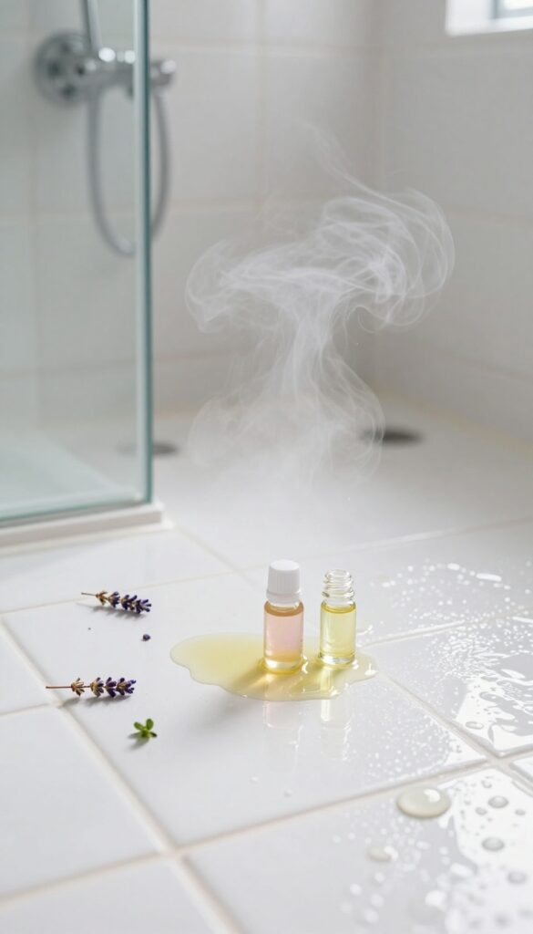 Shower floor with drops of lavender and peppermint oil in steam
