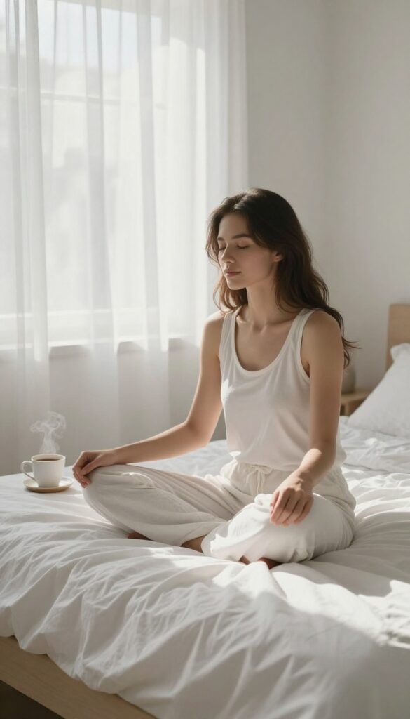 Woman practicing deep breathing in a sunlit bedroom during a calm morning