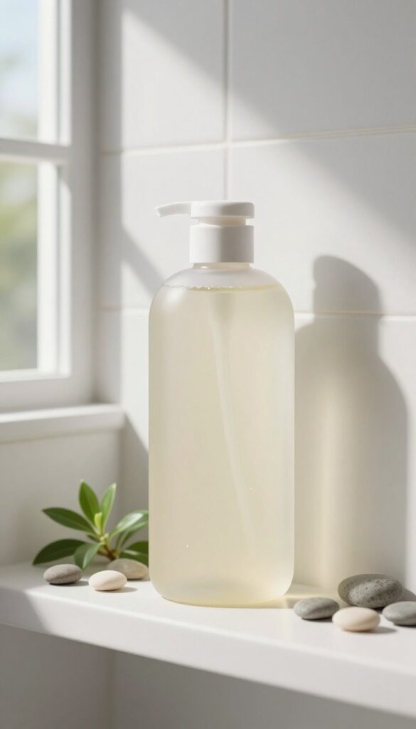 A minimalist bathroom shelf with a sulfate-free shampoo bottle in natural light, surrounded by plants and pebbles.