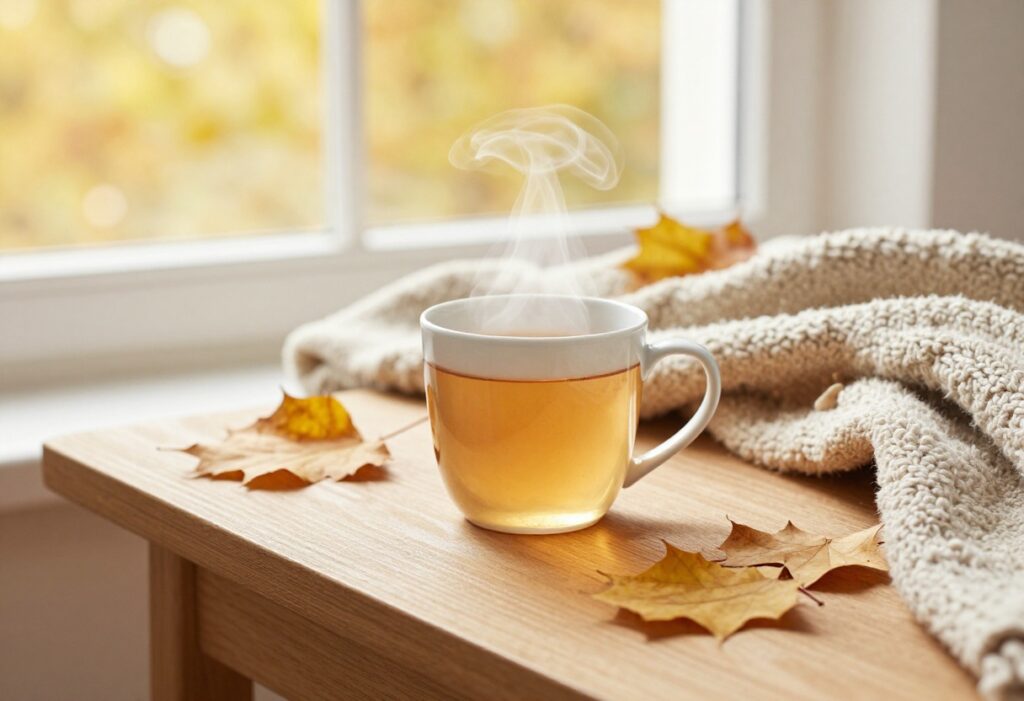 Cozy fall self-care setup with tea, blanket, and autumn leaves