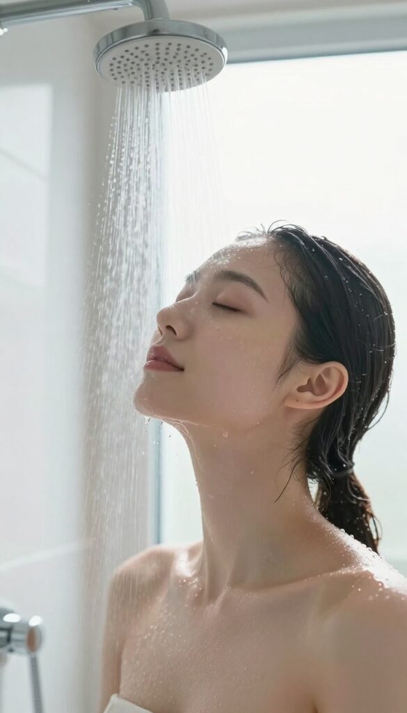 Woman enjoying a cool or lukewarm shower rinse for skin hydration and pore tightening.