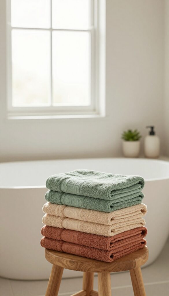 Neutral and earthy towel colors in a spa-like bathroom setting