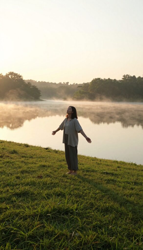 Person standing barefoot on grass at sunrise by a calm lake, embracing nature
