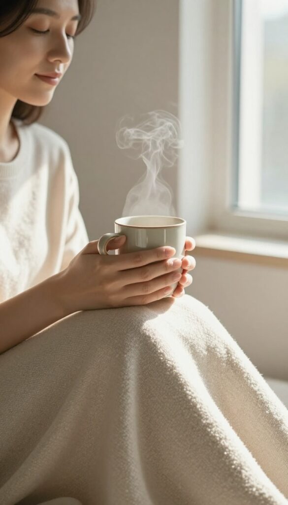Person holding a warm mug by a sunlit window, peaceful expression, soft morning light, cozy minimalist decor.