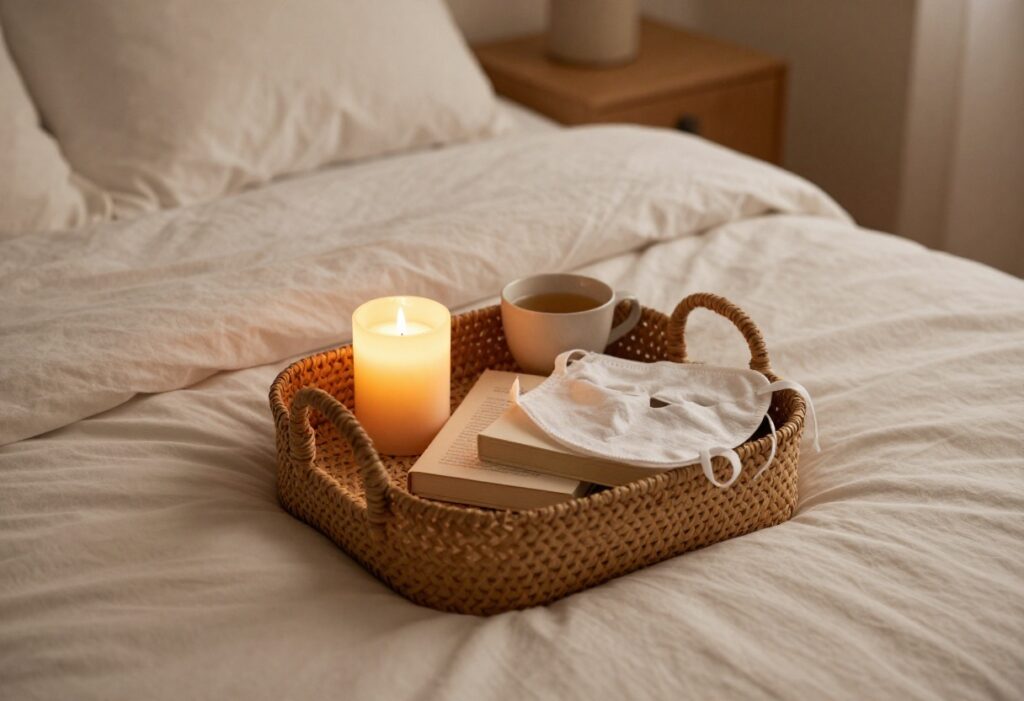 A self-care basket on a bed with a candle, book, face mask, and tea, creating a calm and cozy vibe.