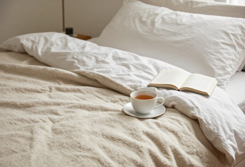 Cozy self-care retreat setup with blanket, tea, and book