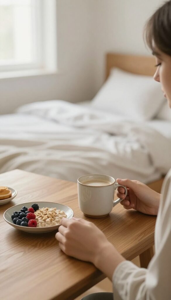 Woman enjoying a quiet morning with a cup of tea, no multitasking, single-tasking mindfulness