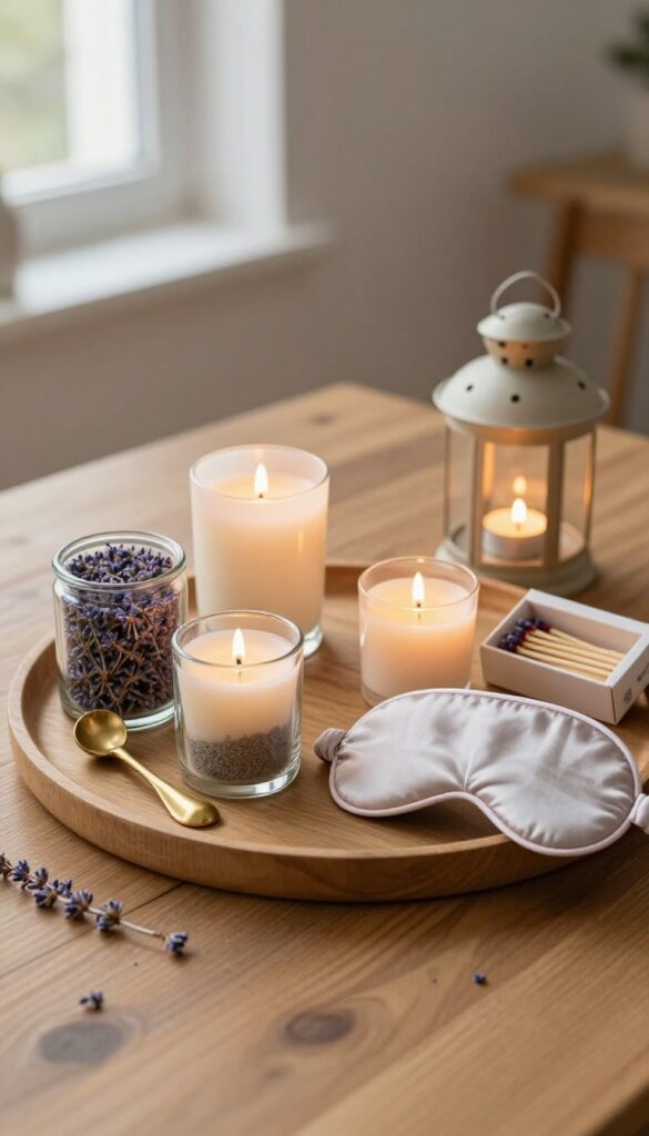 Candlelit relaxation basket with soy candles, snuffer, matches, lantern, and silk eye mask on a wooden tray