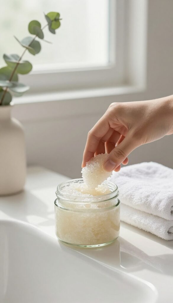 Hand scooping natural sugar scrub from a glass jar in a bright bathroom with eucalyptus and towels.