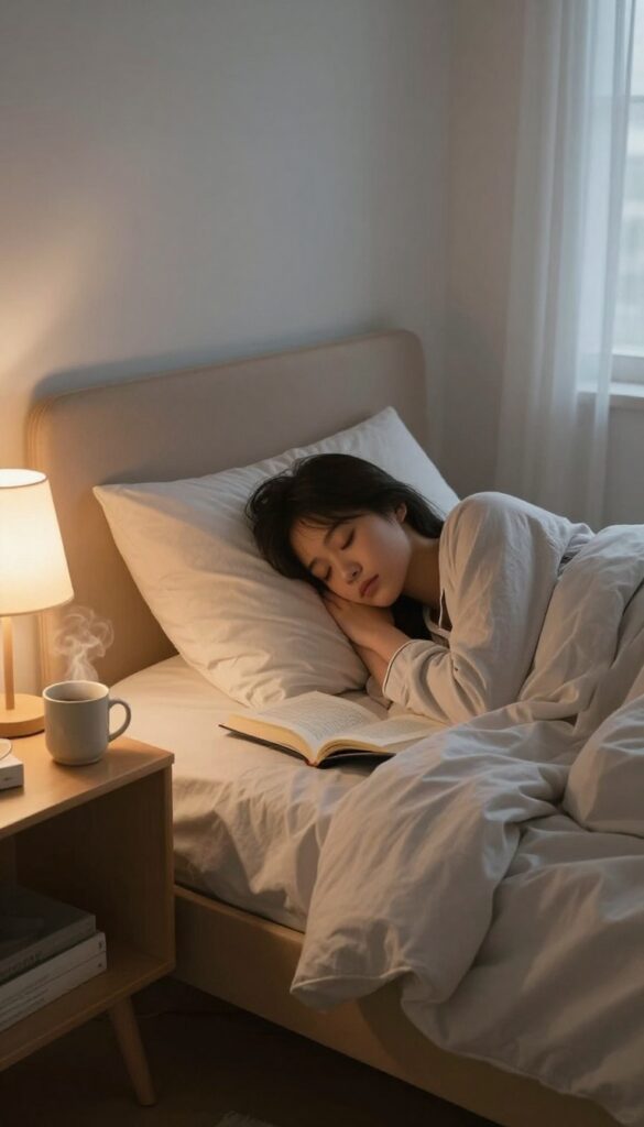 Cozy bedroom with person in bed reading a book by soft lamplight, winding down for early sleep.