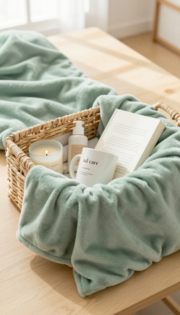 Plush throw blanket folded in a gift basket with self-care items