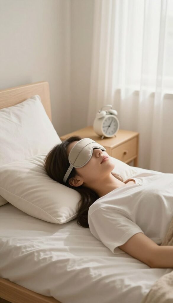 A person taking a power nap on a bed in a bright, peaceful bedroom