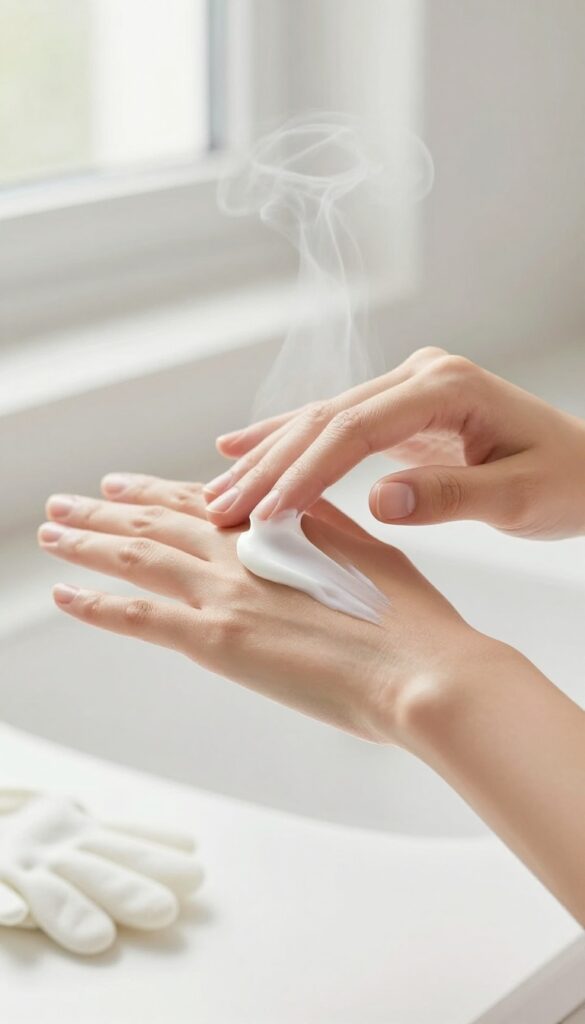 Woman applying hand cream before shower with steam and cotton gloves