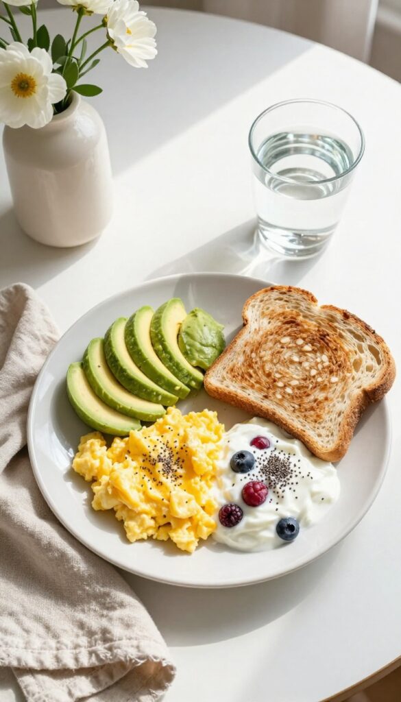 A nourishing breakfast spread on a table with eggs, avocado, yogurt, berries, and whole-grain toast in natural morning light.