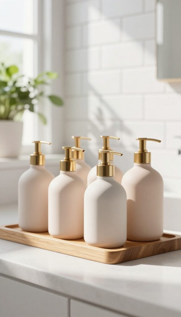 Three matching ceramic pump bottles on a wooden caddy in a bright shower with white tiles and a plant.