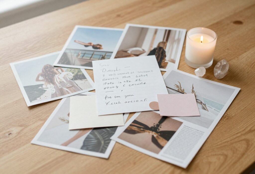 A vision board with self-care prompts and images on a wooden desk in natural light