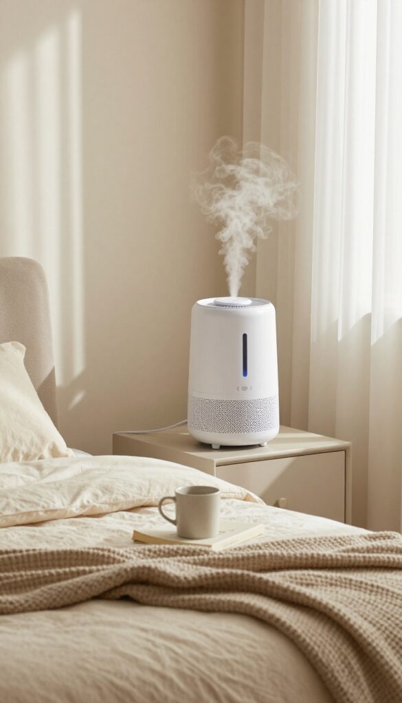 Bedroom with humidifier on nightstand emitting vapor, cozy decor, natural light.