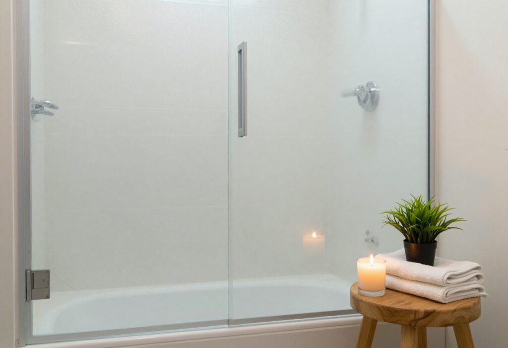 A calm, spa-like bathroom with a steamy shower, candle, and natural decor.