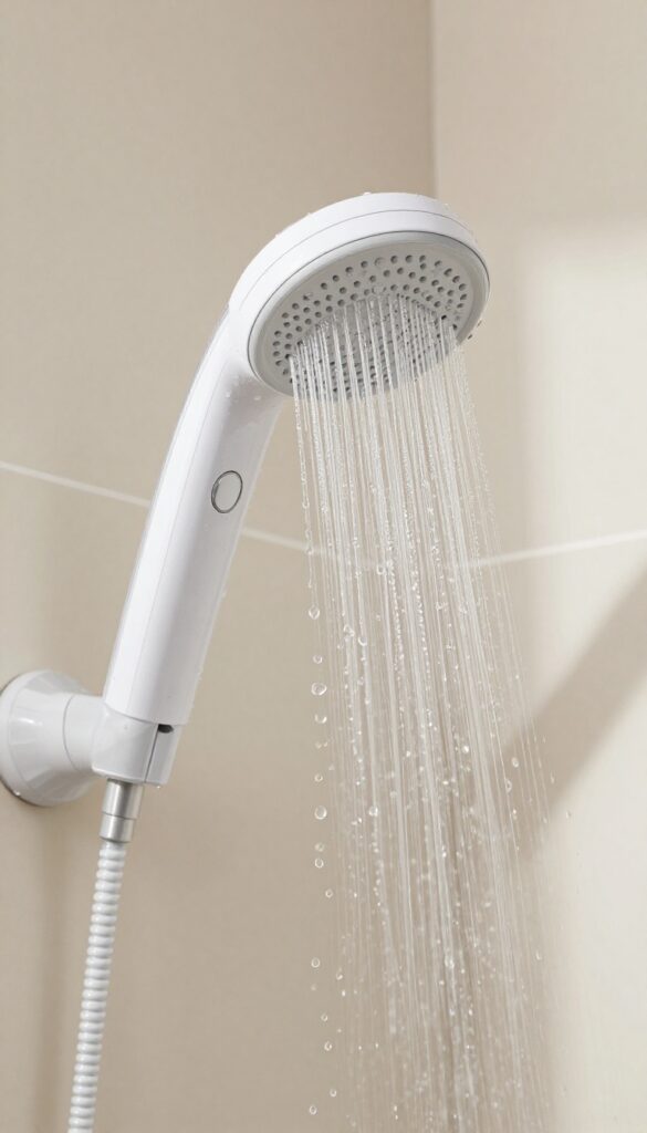 Shower filter with water droplets on shiny hair strands in bright bathroom