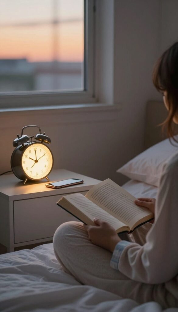 Person reading a book in a cozy bedroom with phone put away, digital curfew concept.