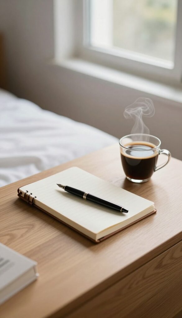 Morning intention setter with notebook and pen on nightstand