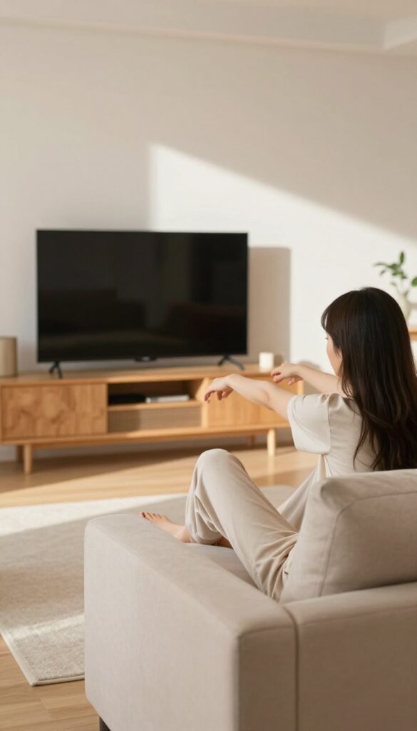 Woman stretching hamstring on couch while watching TV in bright living room