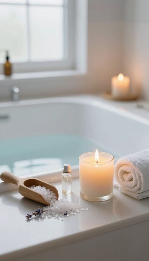 Warm bath with candles and Epsom salts for a relaxing self-care night routine