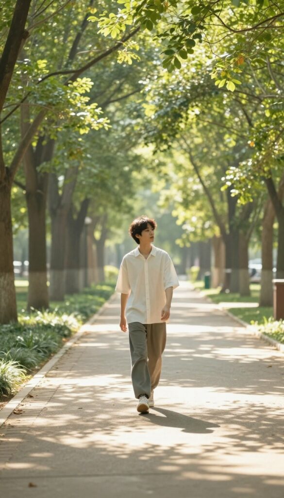 A person taking an afternoon walk on a sunny tree-lined path