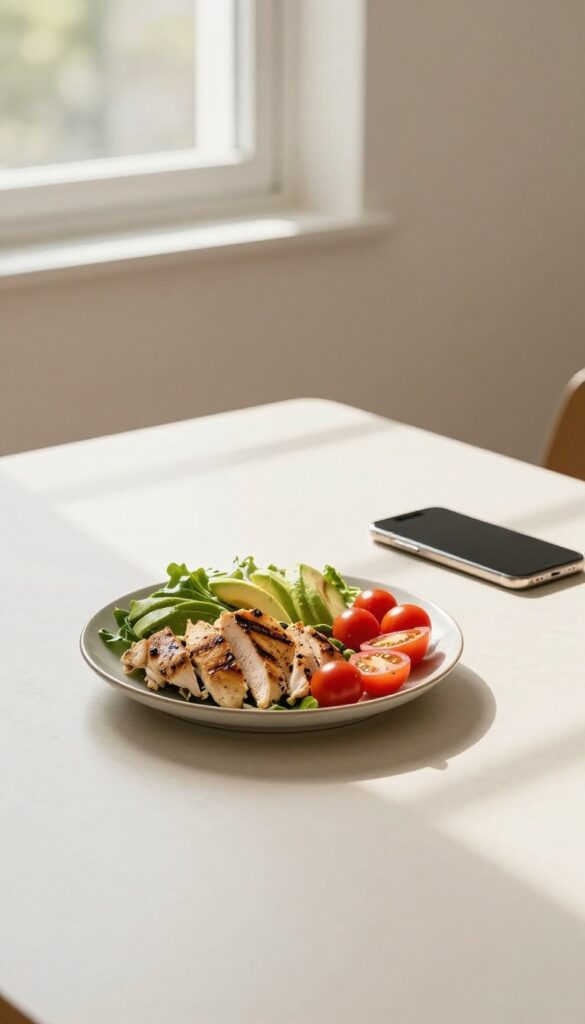 A person eating a meal without distractions, phone set aside, in a bright, serene dining setting.