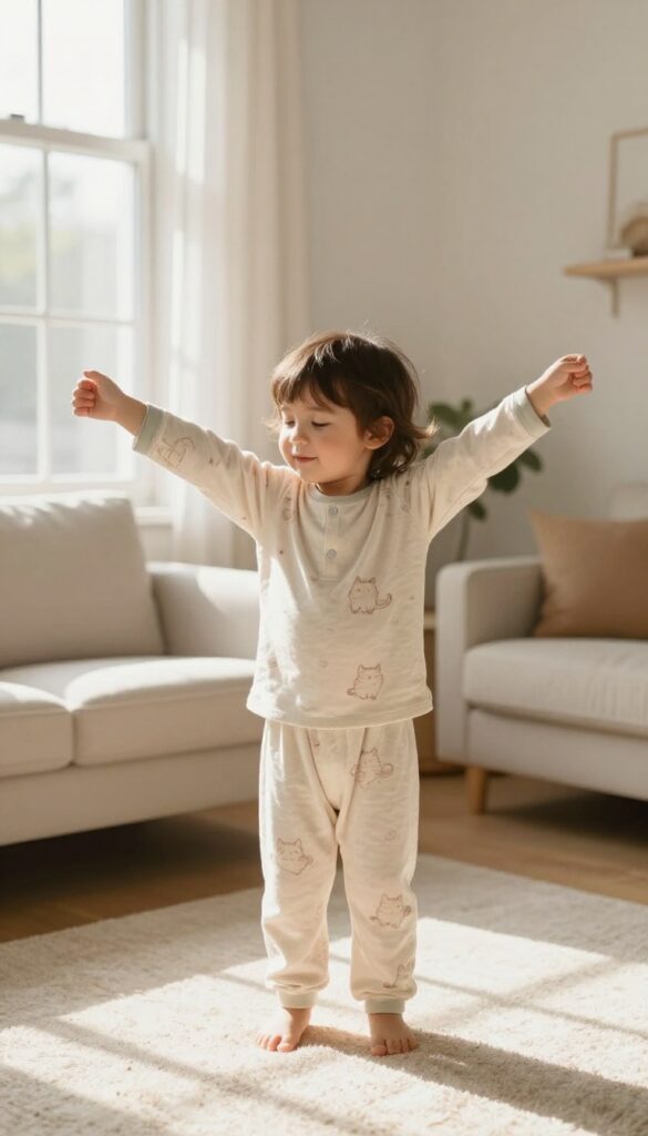 Child stretching like a cat in a sunlit room, playful and calm