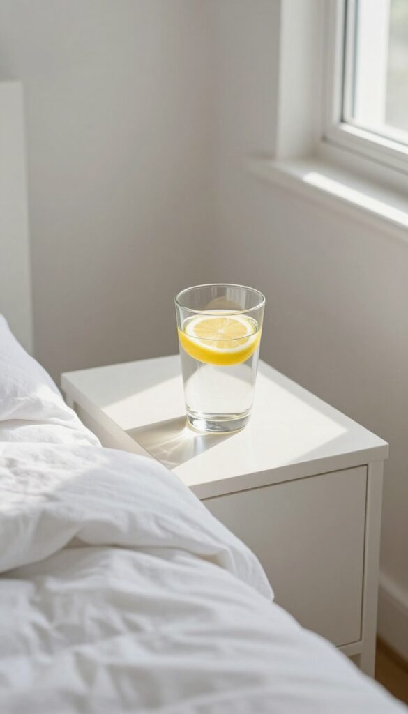 A glass of water with lemon on a bedside table in bright morning light, promoting a morning hydration ritual.