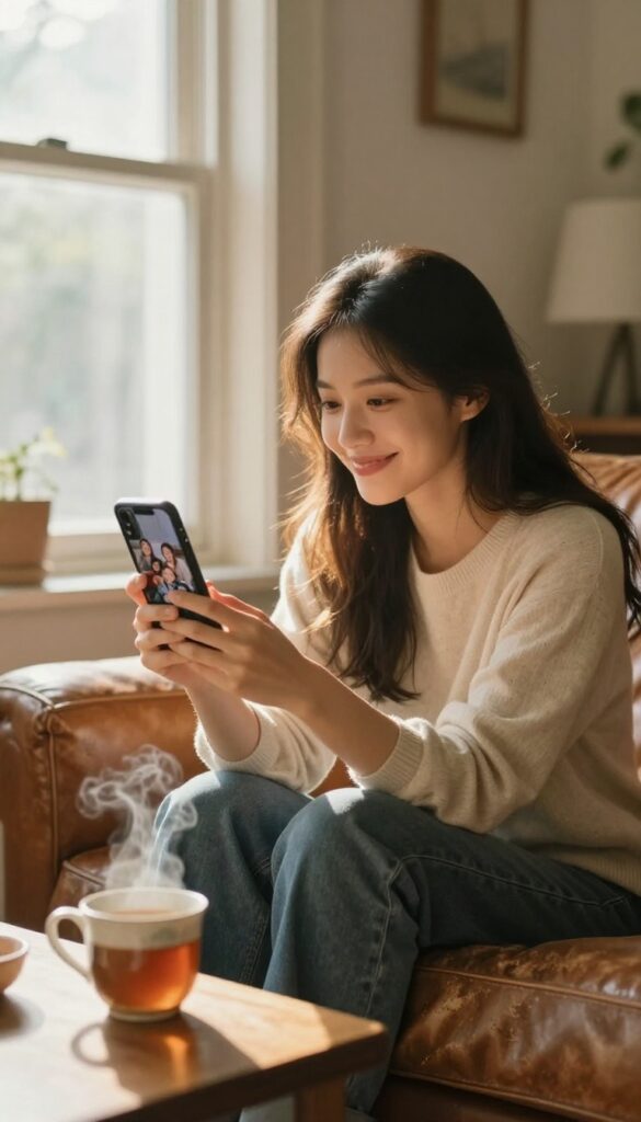 Woman smiling at old photos on smartphone in cozy living room