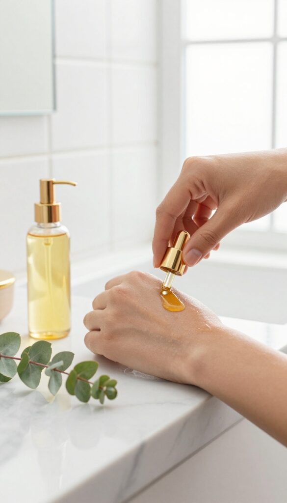 Woman applying body oil on damp skin after shower in bright, clean bathroom
