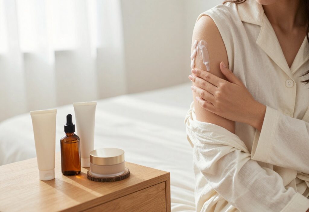 Woman applying body lotion in a cozy bedroom at night with skincare products on nightstand
