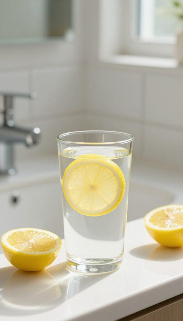A glass of water with lemon on a bathroom counter, natural light, clean and fresh atmosphere
