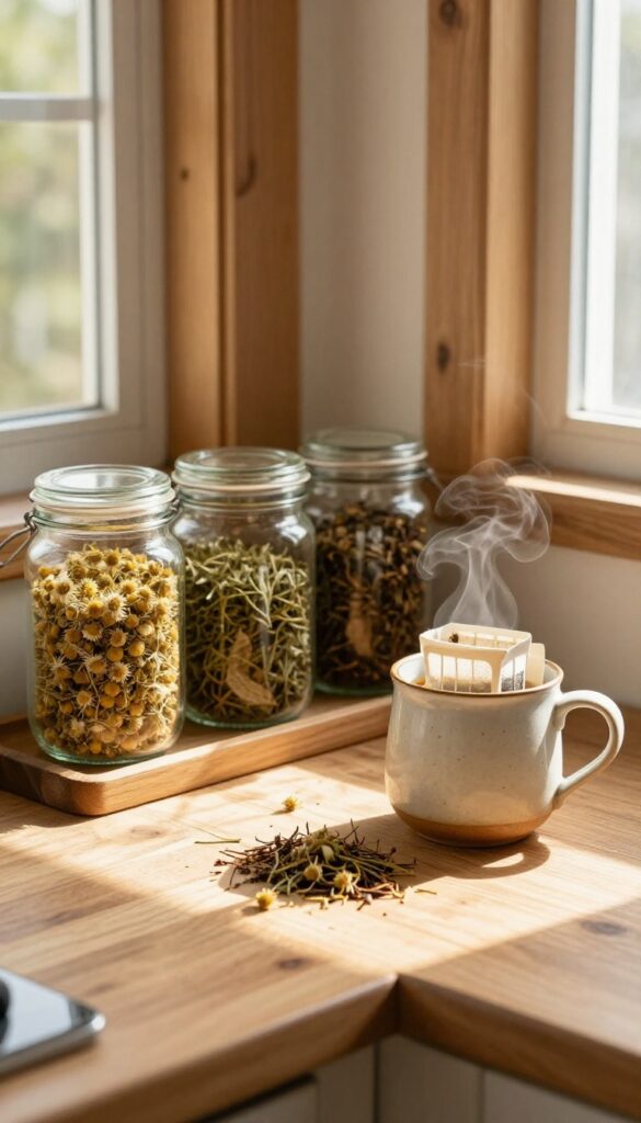 Herbal tea collection in glass jars with a steaming mug on a wooden tray in a cozy kitchen