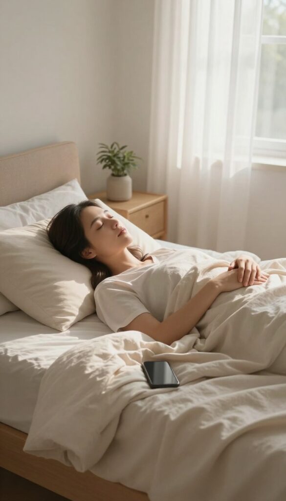 Woman waking up peacefully without her phone, soft morning light in a minimalist bedroom