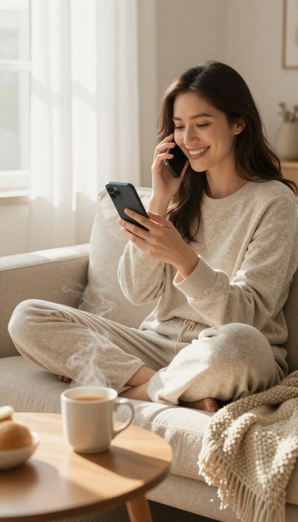 Woman smiling while talking on phone in cozy living room