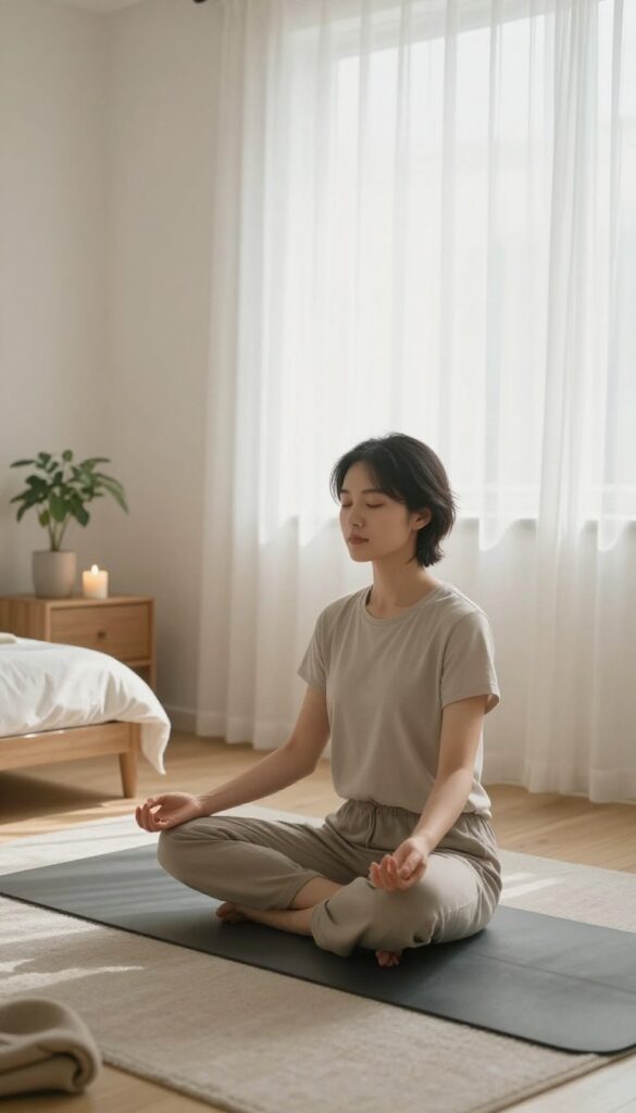 Person meditating in a calm bedroom with candle and natural light