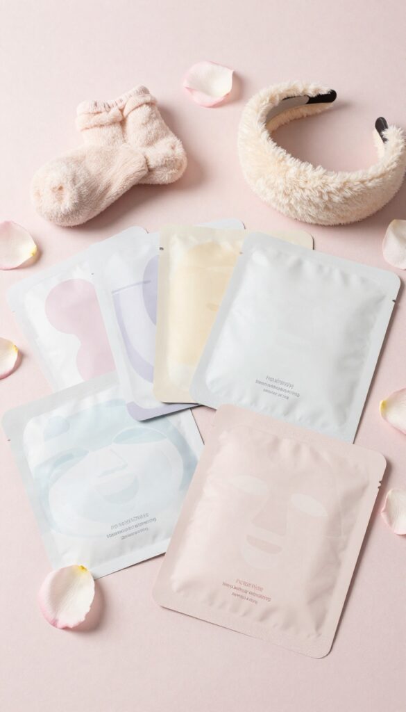 A flat lay of sheet masks in a variety pack with a headband and fuzzy socks on a pastel background, spa-like atmosphere