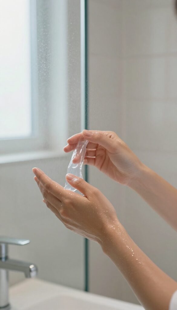 Woman applying hydrating gel mask on arm in steamy shower