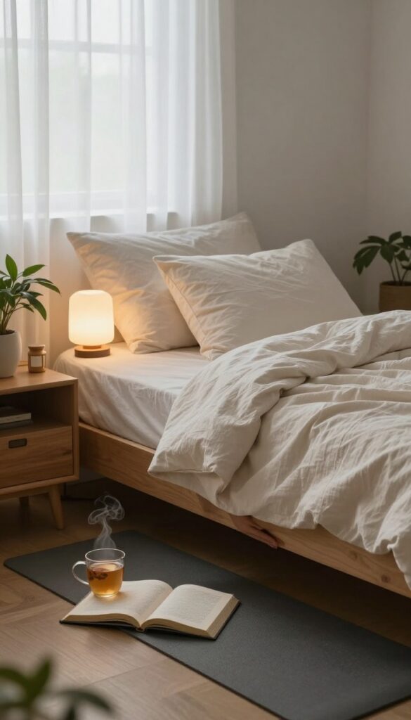 Cozy bedroom with dim lighting, book, tea, yoga mat, and calm atmosphere for a sleep routine.