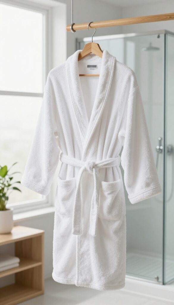 A clean, fluffy white robe hanging in a bright bathroom with natural light, plants, and a sleek shower in the background.