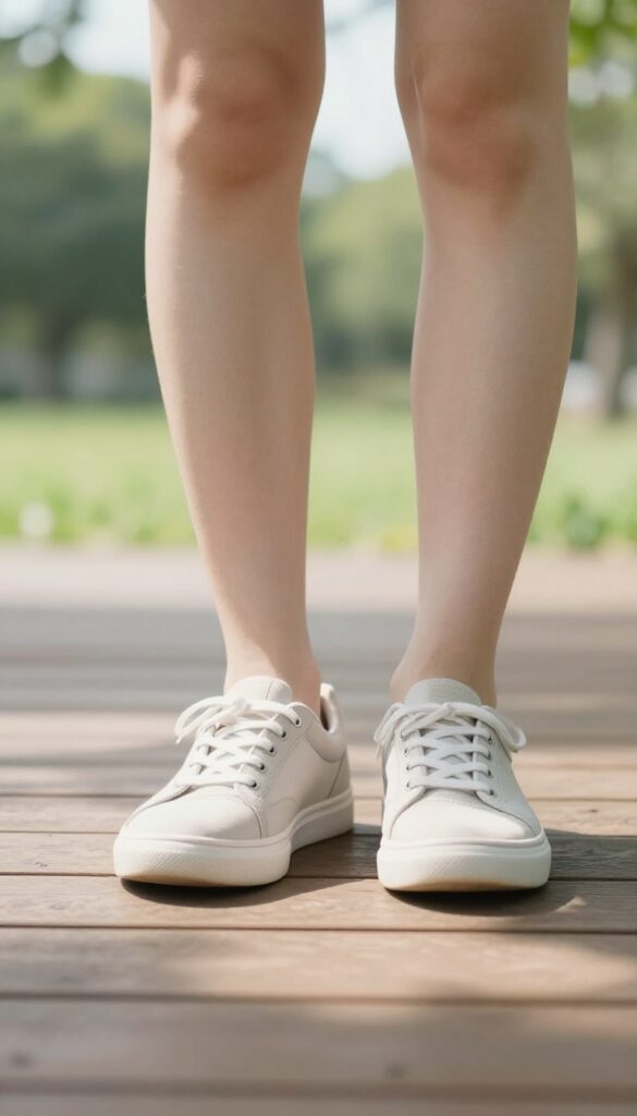 Person standing on a sunlit path in sneakers, ready for a five-minute walk outside.