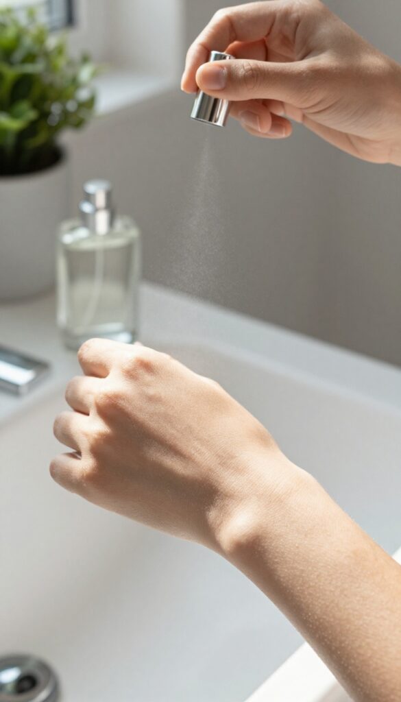 A woman spritzing light perfume on her pulse points after a shower, soft natural light, clean bathroom setting.