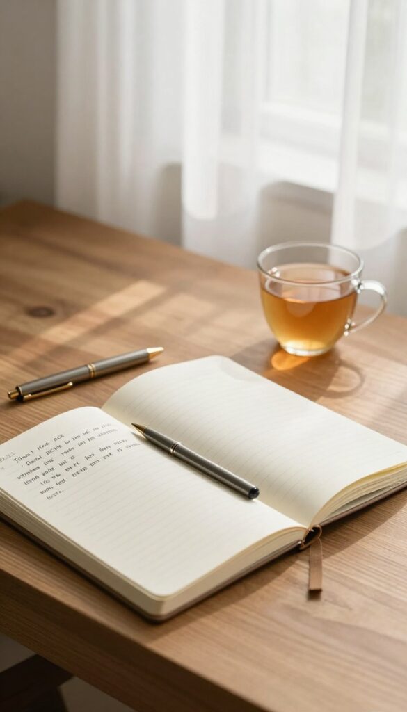 A cozy journaling setup with an open notebook, pen, and cup of tea in soft natural light.